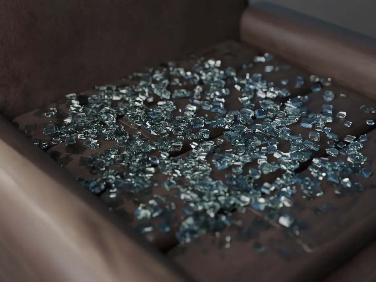 Auto glass repair in Dallas: broken side window glass across a leather car seat after a break-in.