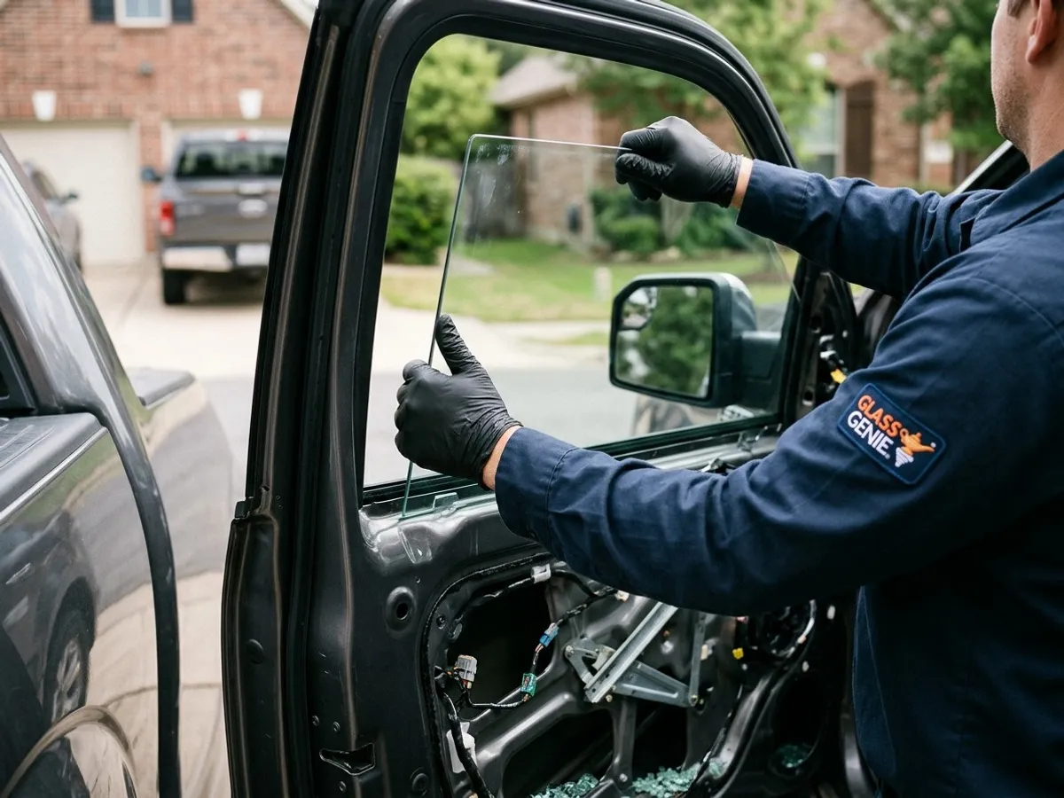 Car window replacement in Dallas: a Glass Genie technician fitting new door glass into a pickup door with the panel removed.