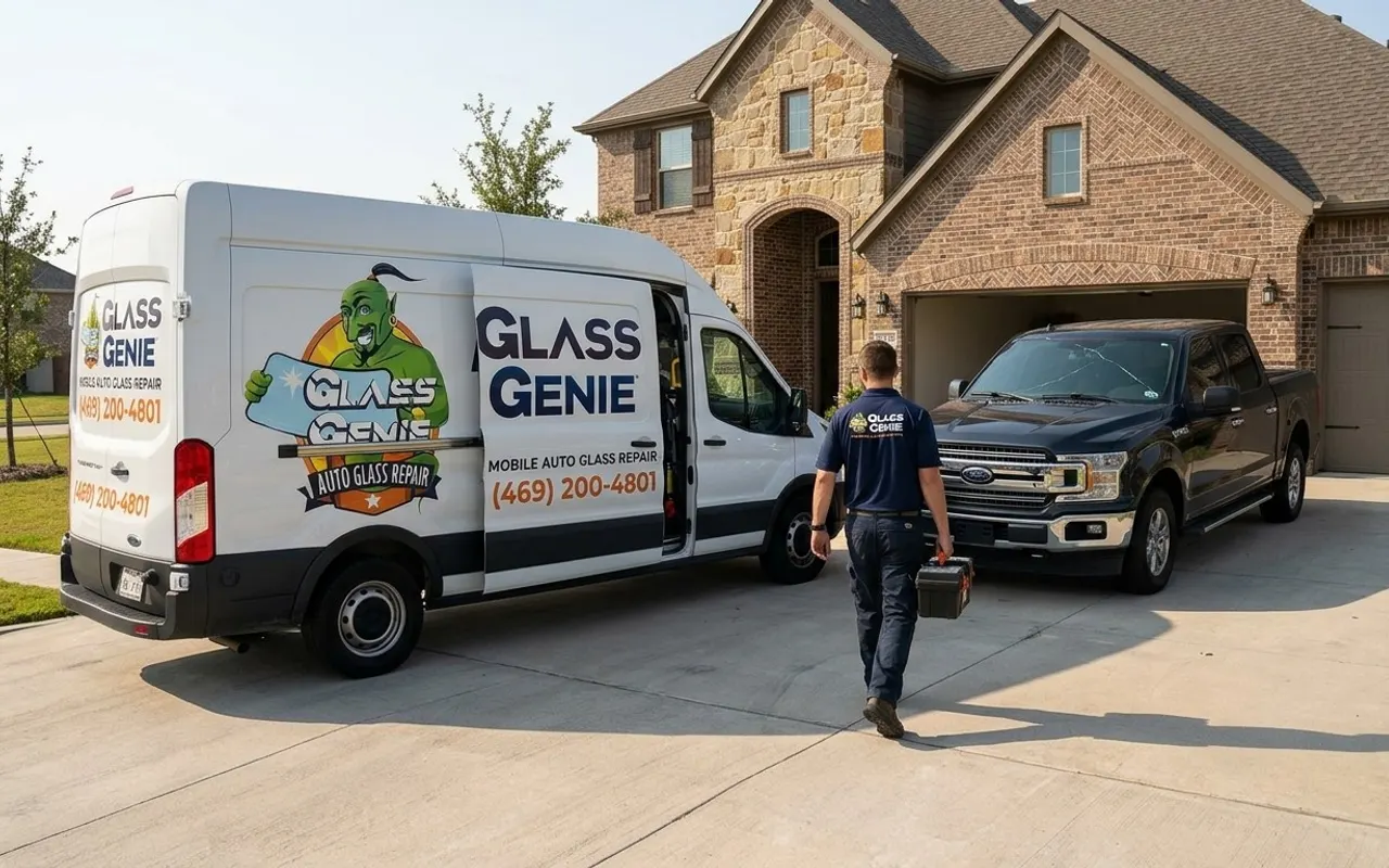 Windshield replacement in Allen, TX: Glass Genie service van and technician at a Ford F-150 with a cracked windshield outside a new brick home.
