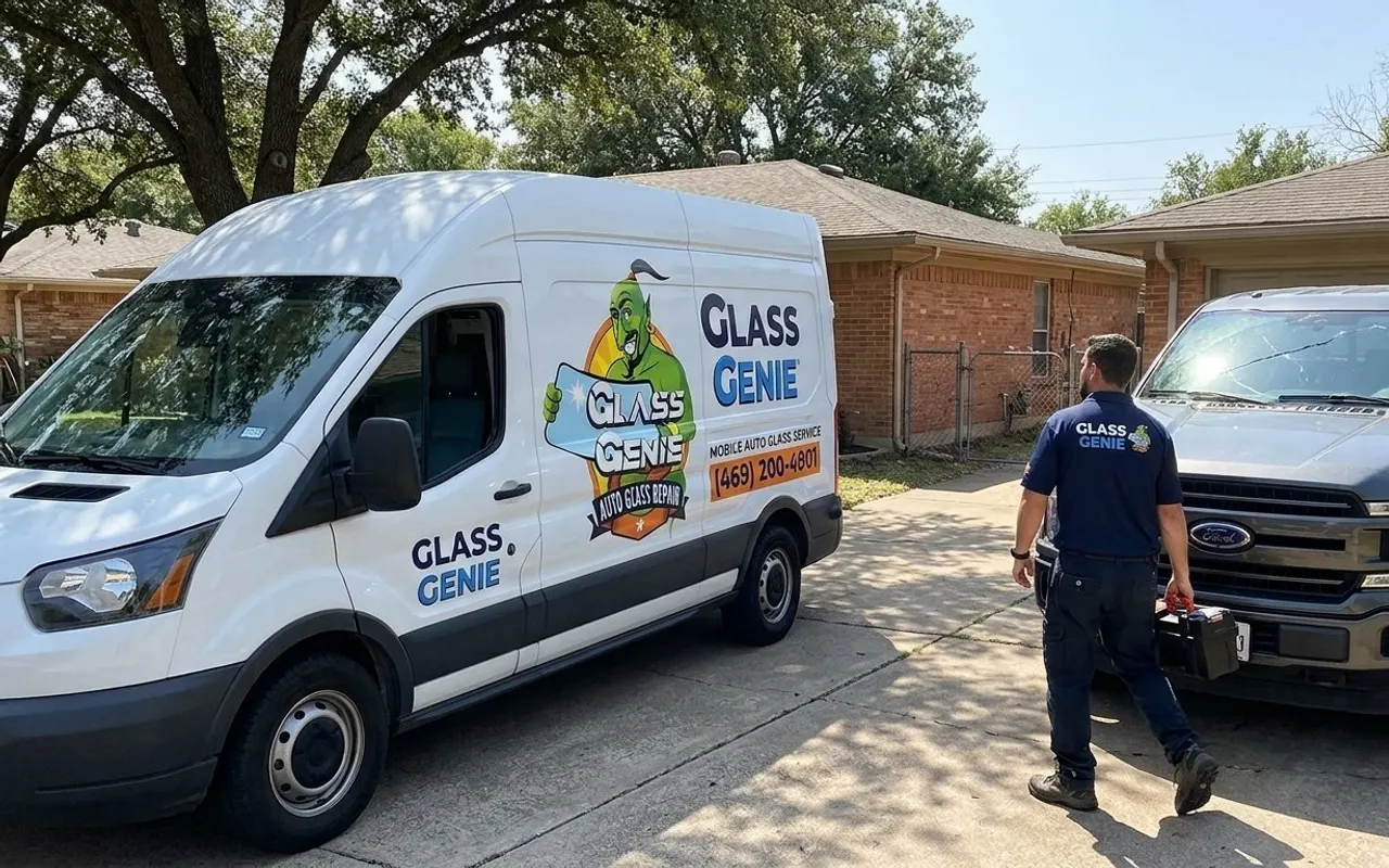 Windshield replacement in Cedar Hill, TX: Glass Genie service van and technician at a Ford F-150 with a cracked windshield in a brick ranch driveway.
