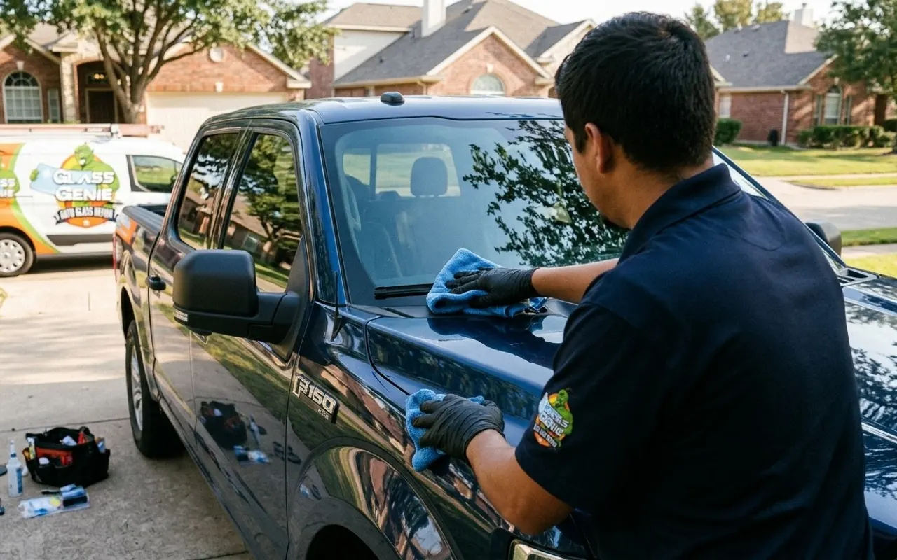 Windshield repair in Dallas, TX: Glass Genie technician cleaning a newly installed windshield on a Ford F-150 in a driveway.