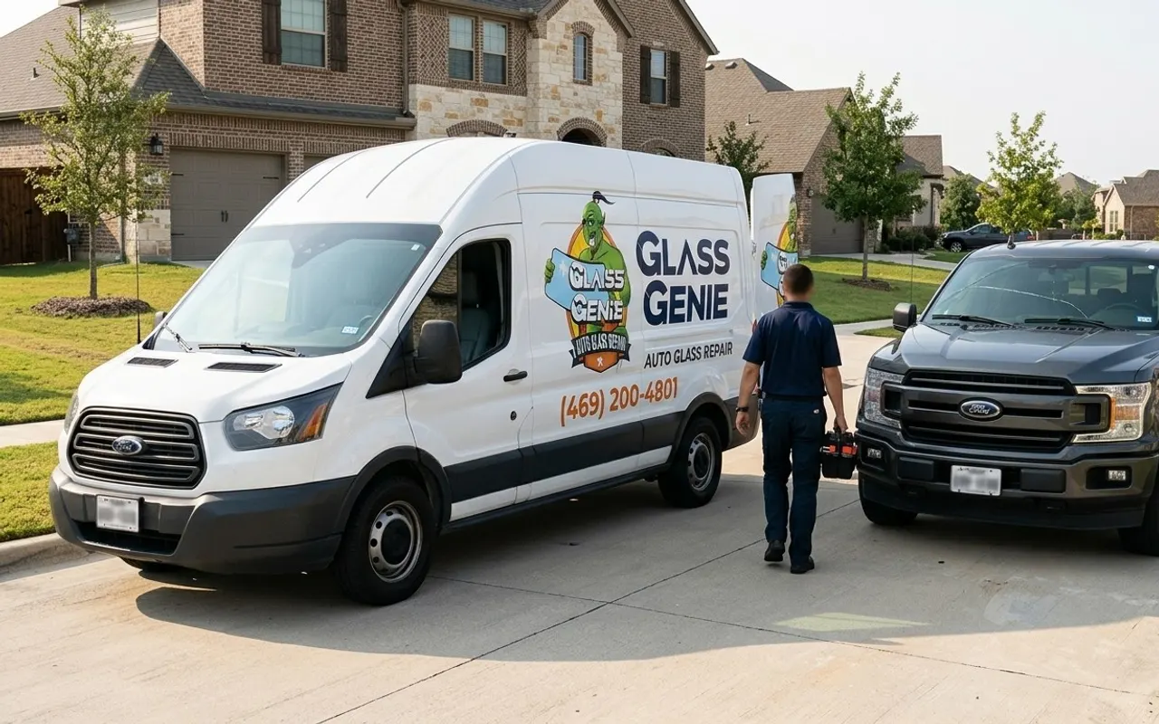 Windshield replacement in Flower Mound, TX: Glass Genie service van and technician at a Ford F-150 with a cracked windshield outside a new brick home.