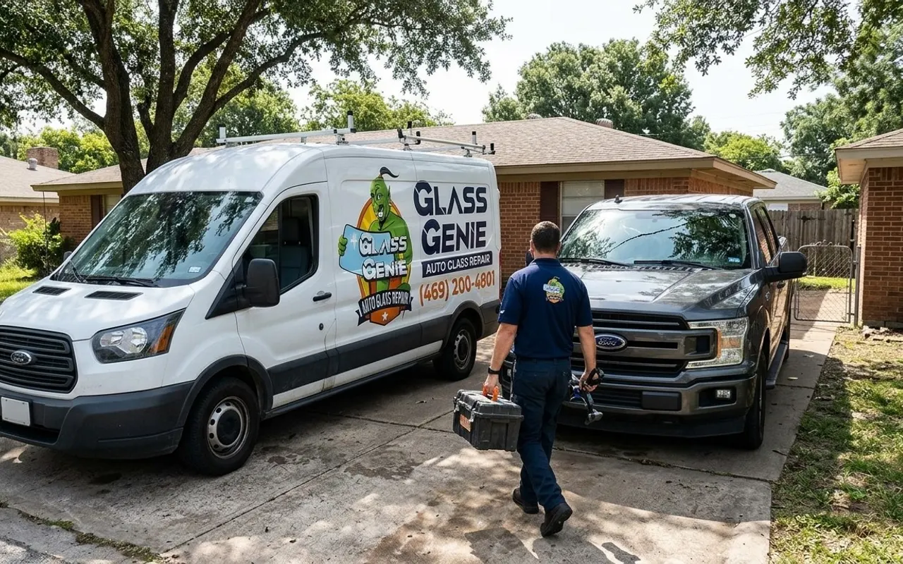 Windshield replacement in Garland, TX: Glass Genie service van and technician at a Ford F-150 with a cracked windshield in a brick ranch driveway.