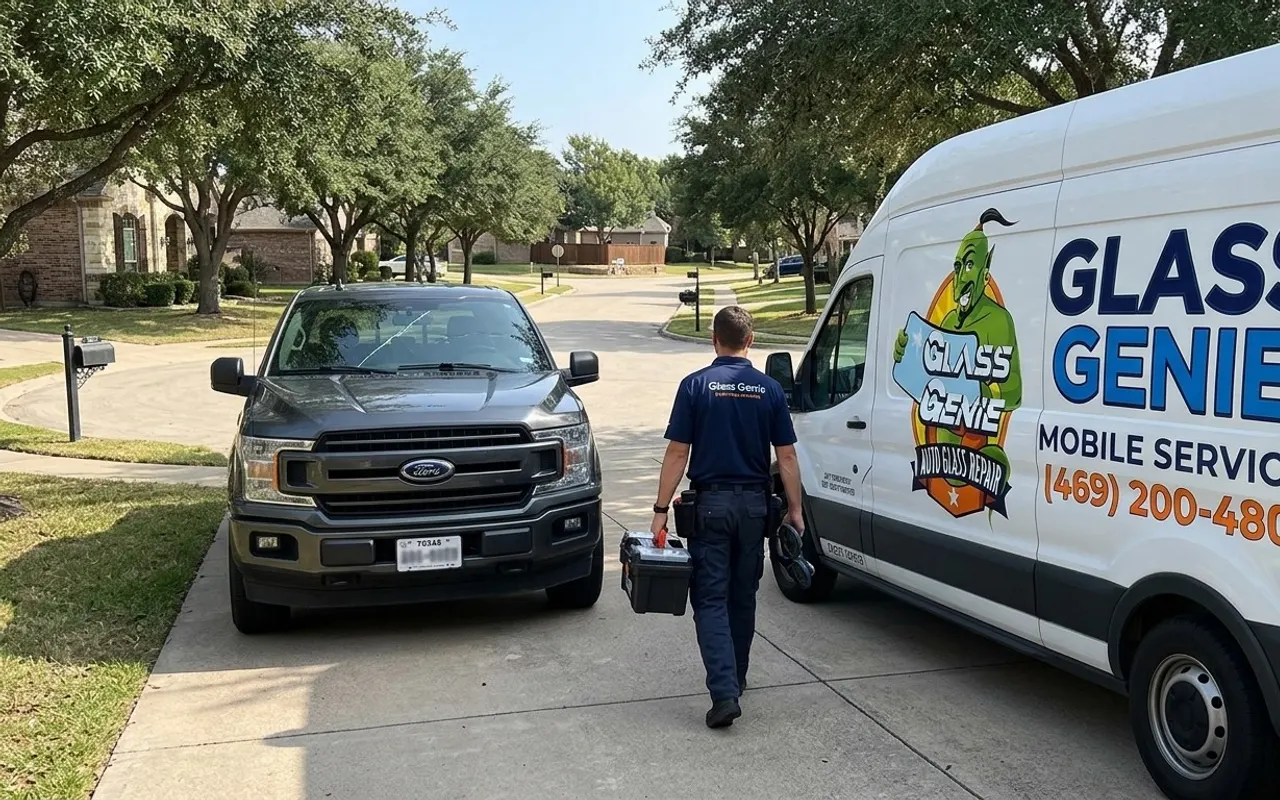 Windshield replacement in Grapevine, TX: Glass Genie technician walking to a Ford F-150 with a cracked windshield beside the Glass Genie van.
