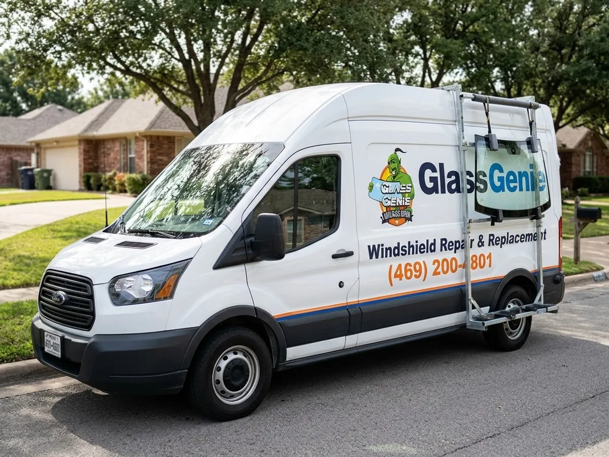 Glass Genie mobile windshield repair and replacement van parked on a Dallas street.
