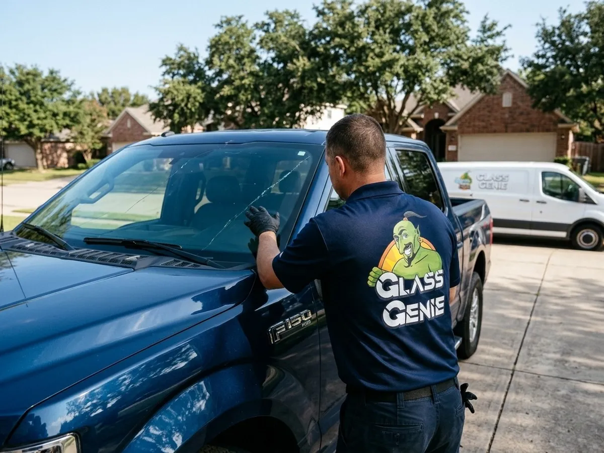 Glass Genie auto glass technician checking a cracked windshield on a Ford F-150 in a Dallas driveway.
