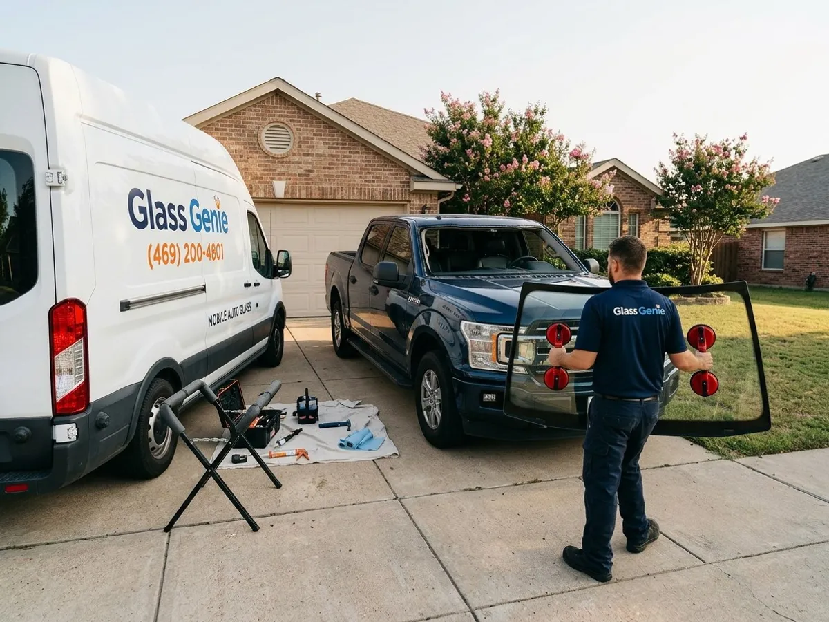 Mobile auto glass service in Dallas: a Glass Genie technician carrying a new windshield to a Ford F-150 in a home driveway.