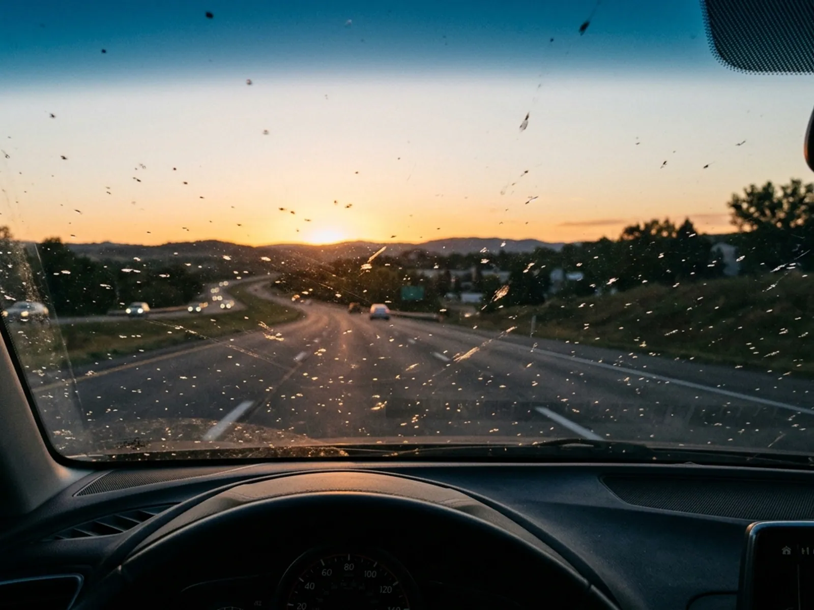 A pitted windshield seen from inside a car at dusk, low sun scattering across the surface into glare.