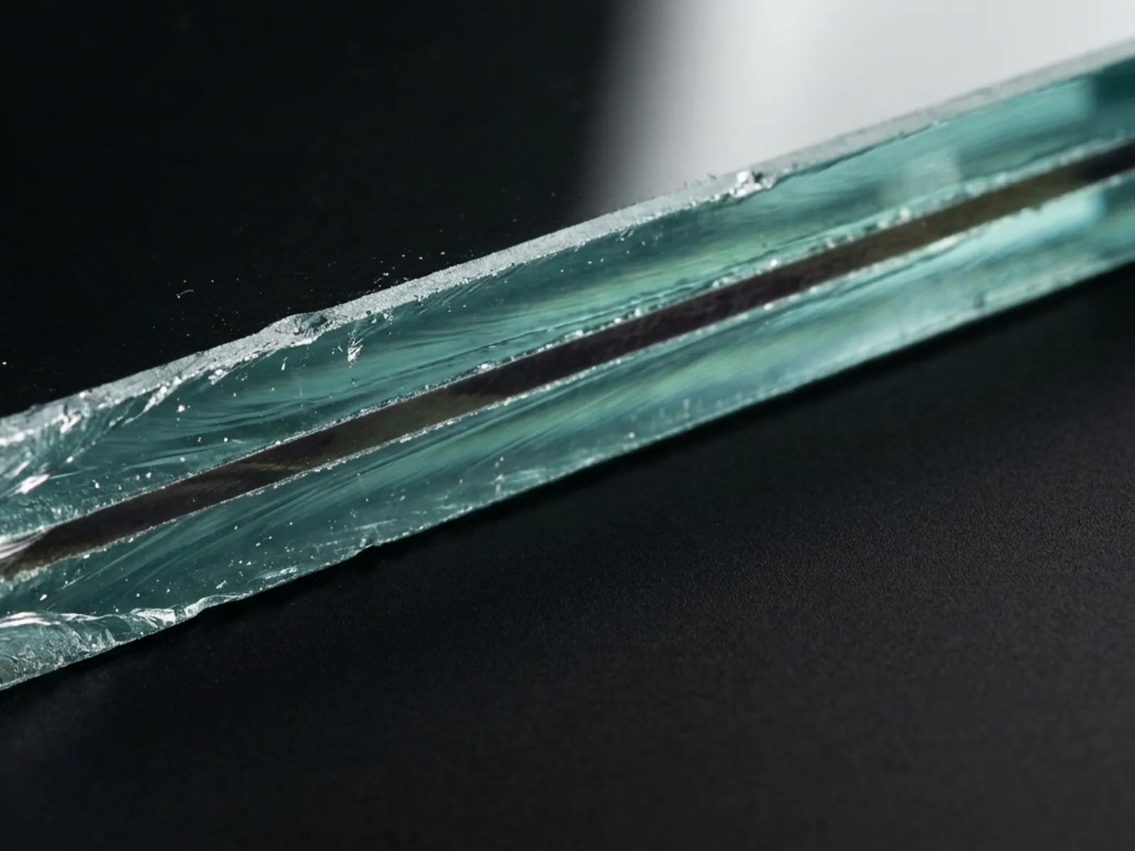 The cut edge of laminated automotive glass, showing two glass layers with a thin interlayer between them.