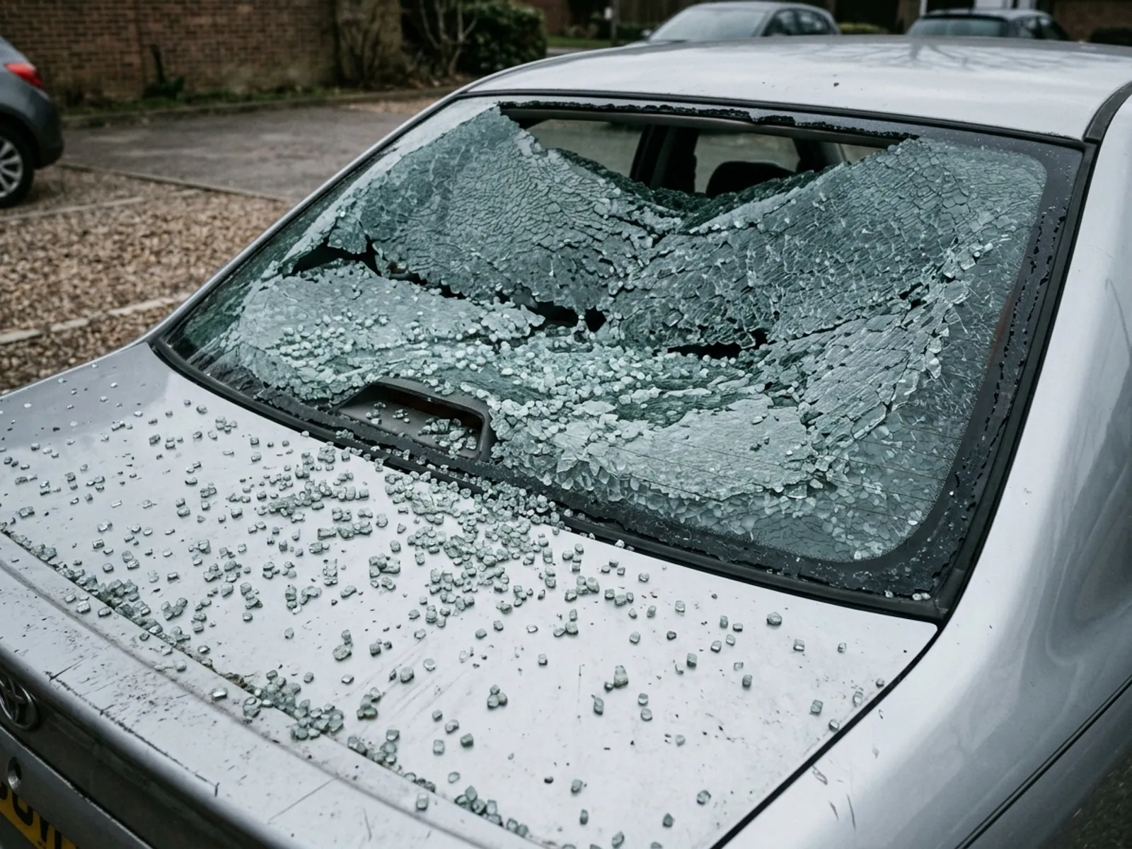 A shattered tempered car window broken into thousands of small blunt cubes.