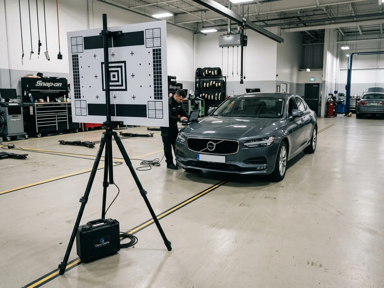 An ADAS calibration target board positioned in front of a vehicle in a workshop bay.