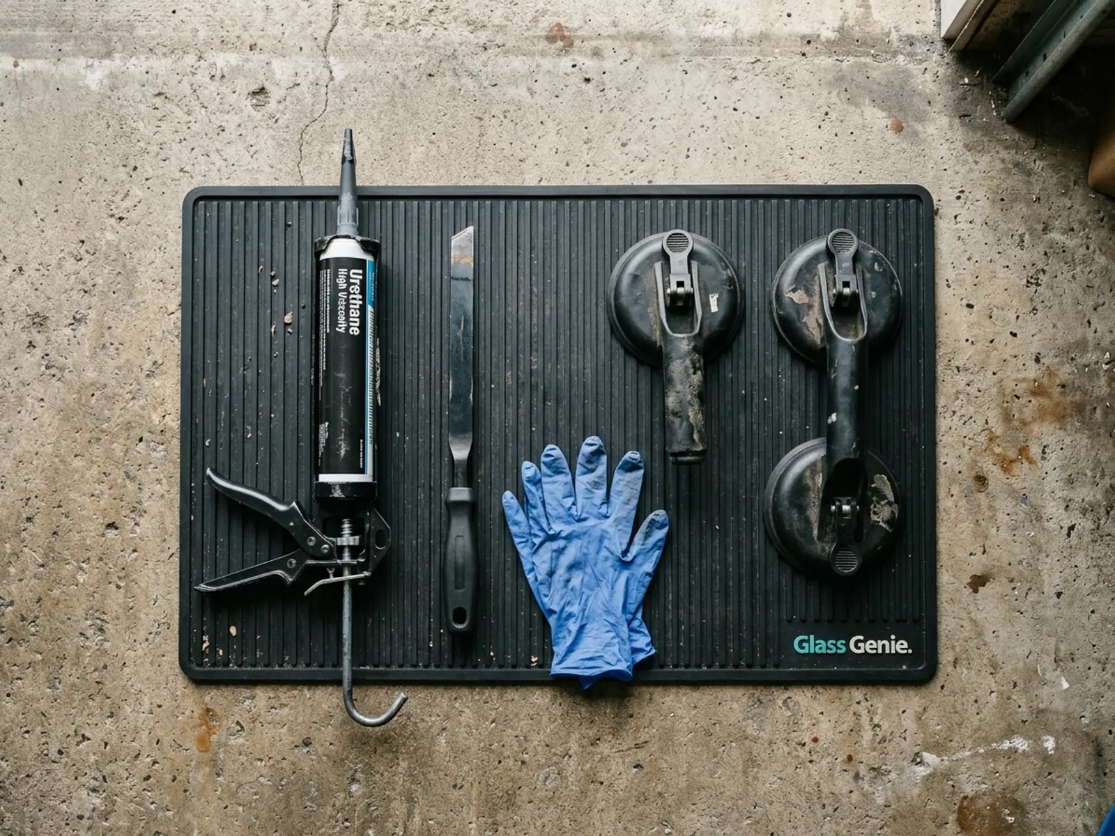 Auto glass tools laid out on a work mat: adhesive gun, blades, gloves and suction cups.