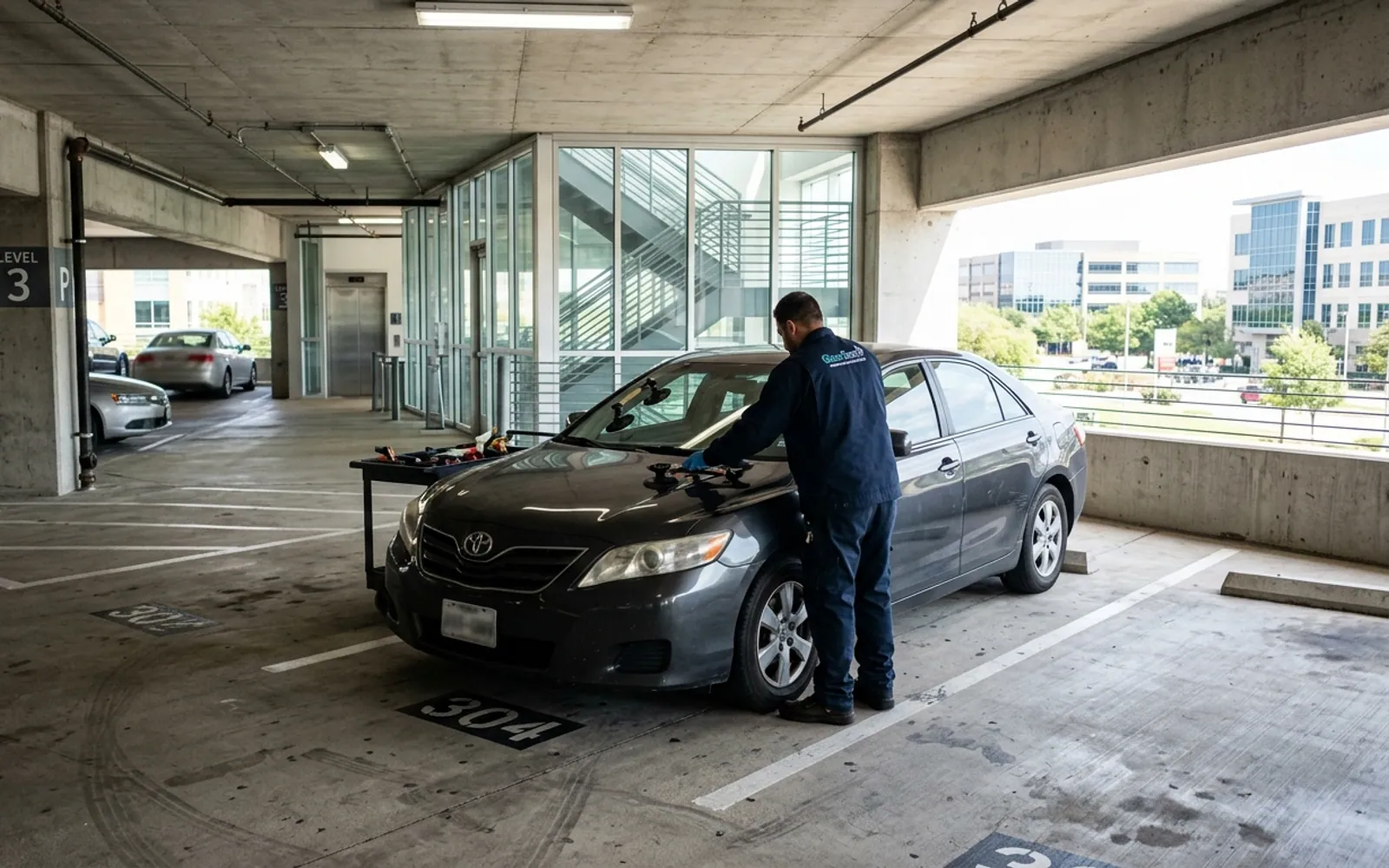 A Glass Genie technician replacing a windshield in Addison, Texas.