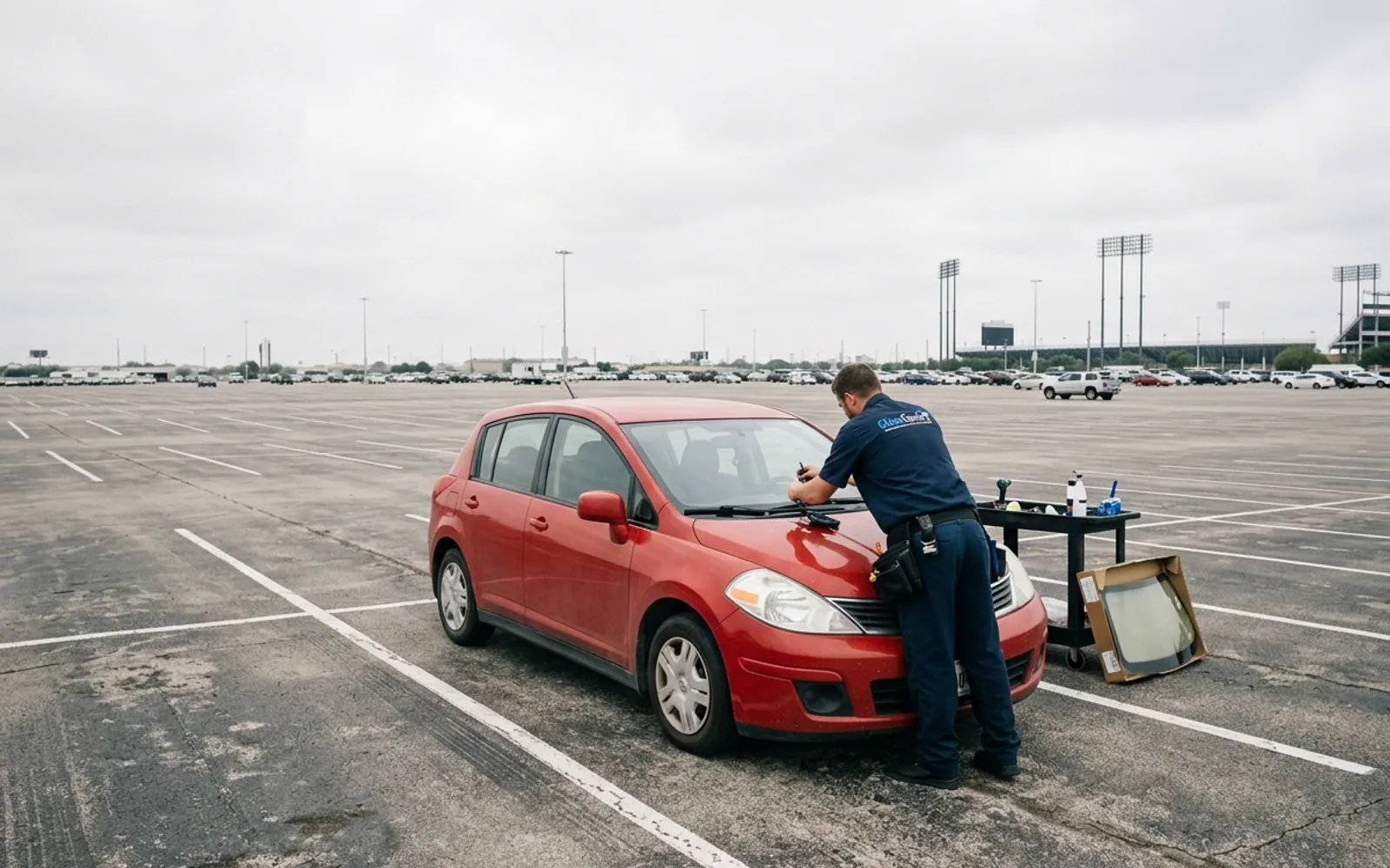A Glass Genie technician replacing a windshield in Arlington, Texas.