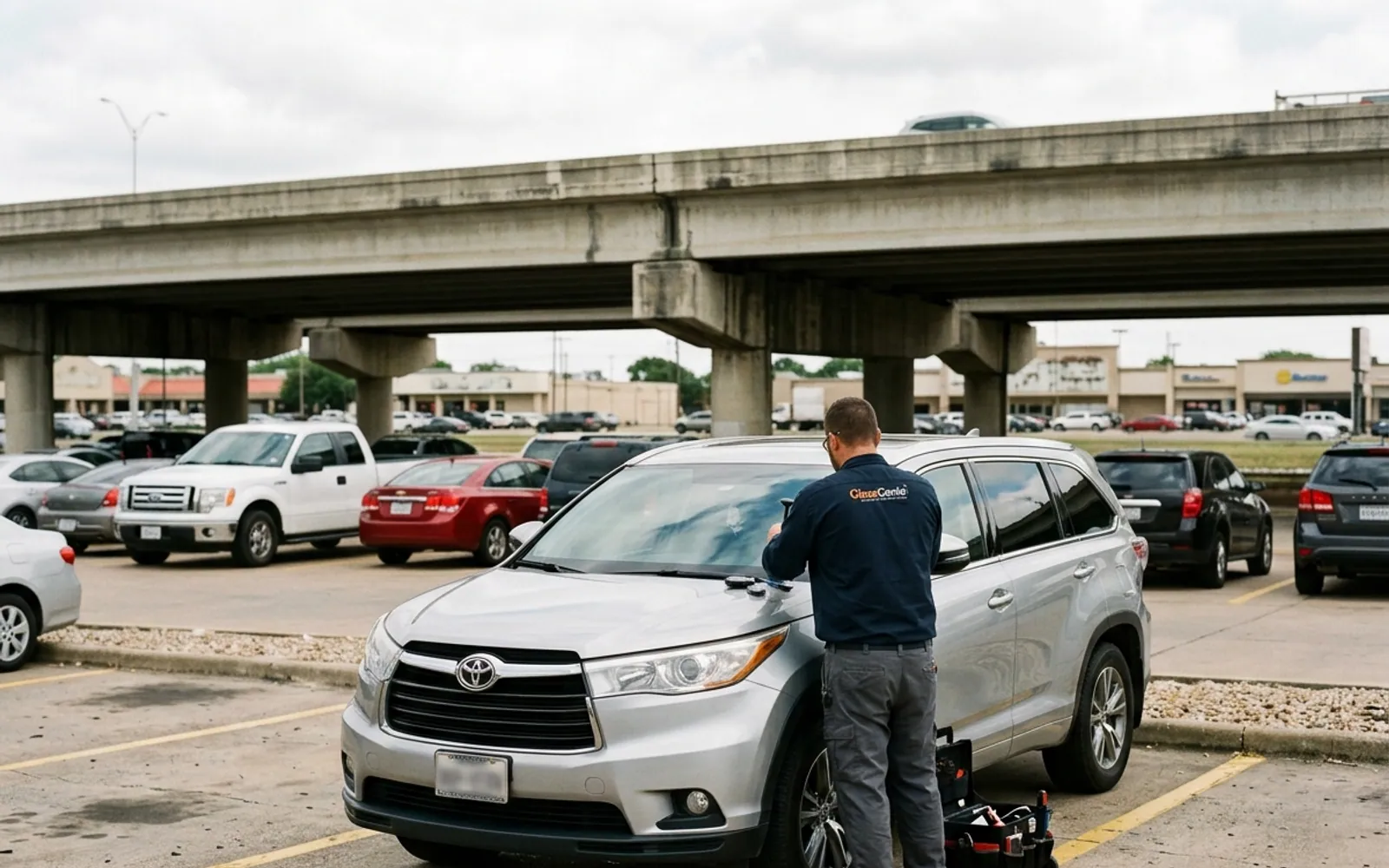 A Glass Genie technician replacing a windshield in Carrollton, Texas.