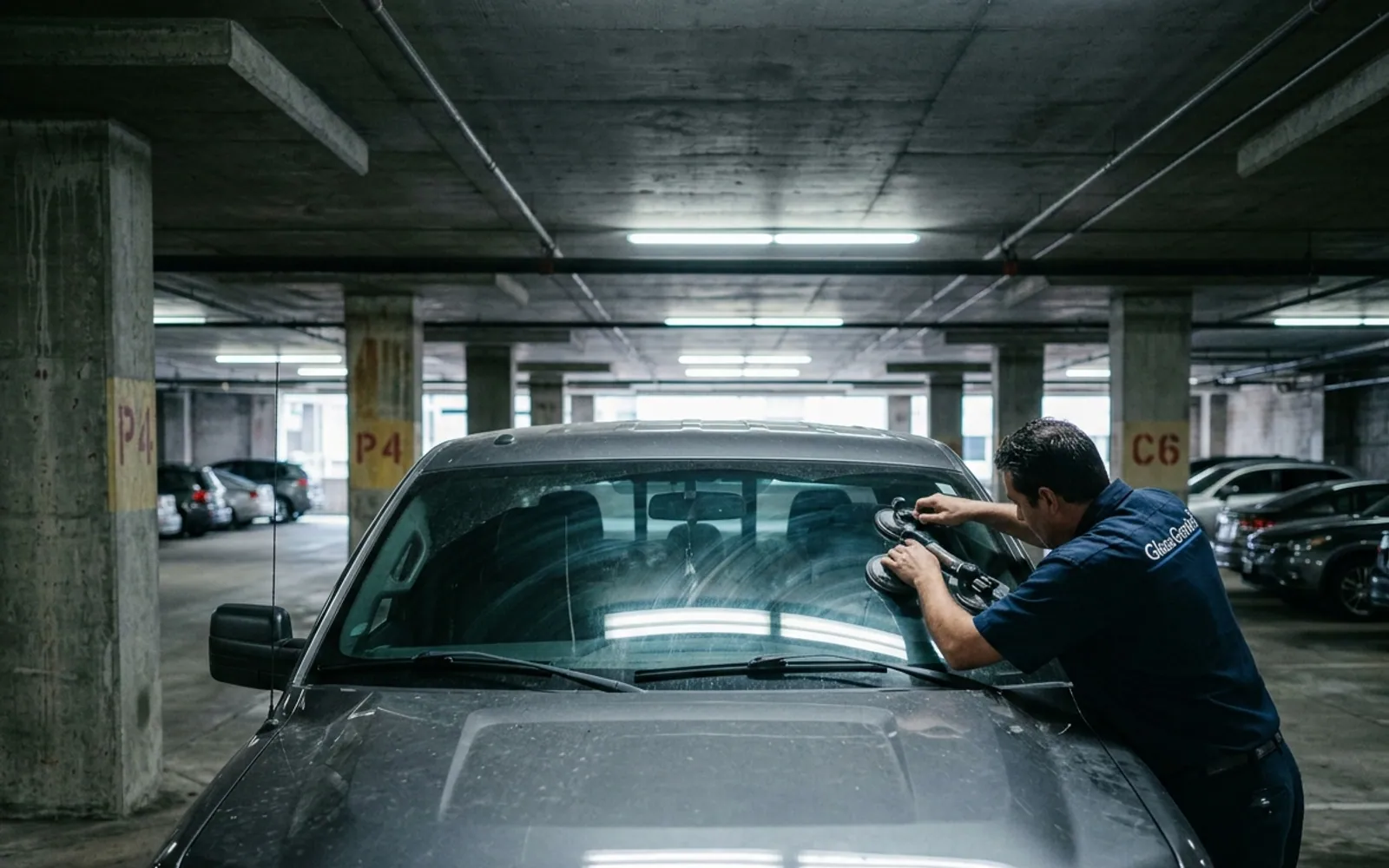 A Glass Genie technician replacing a windshield in Dallas, Texas.