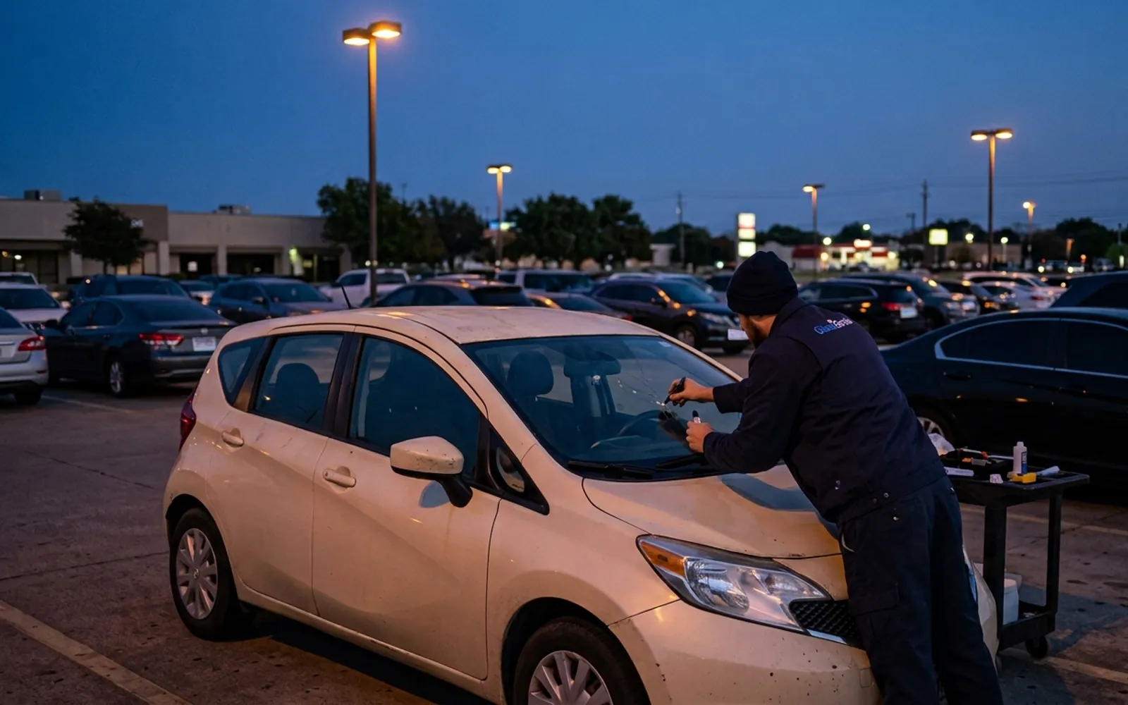 A Glass Genie technician replacing a windshield in Euless, Texas.