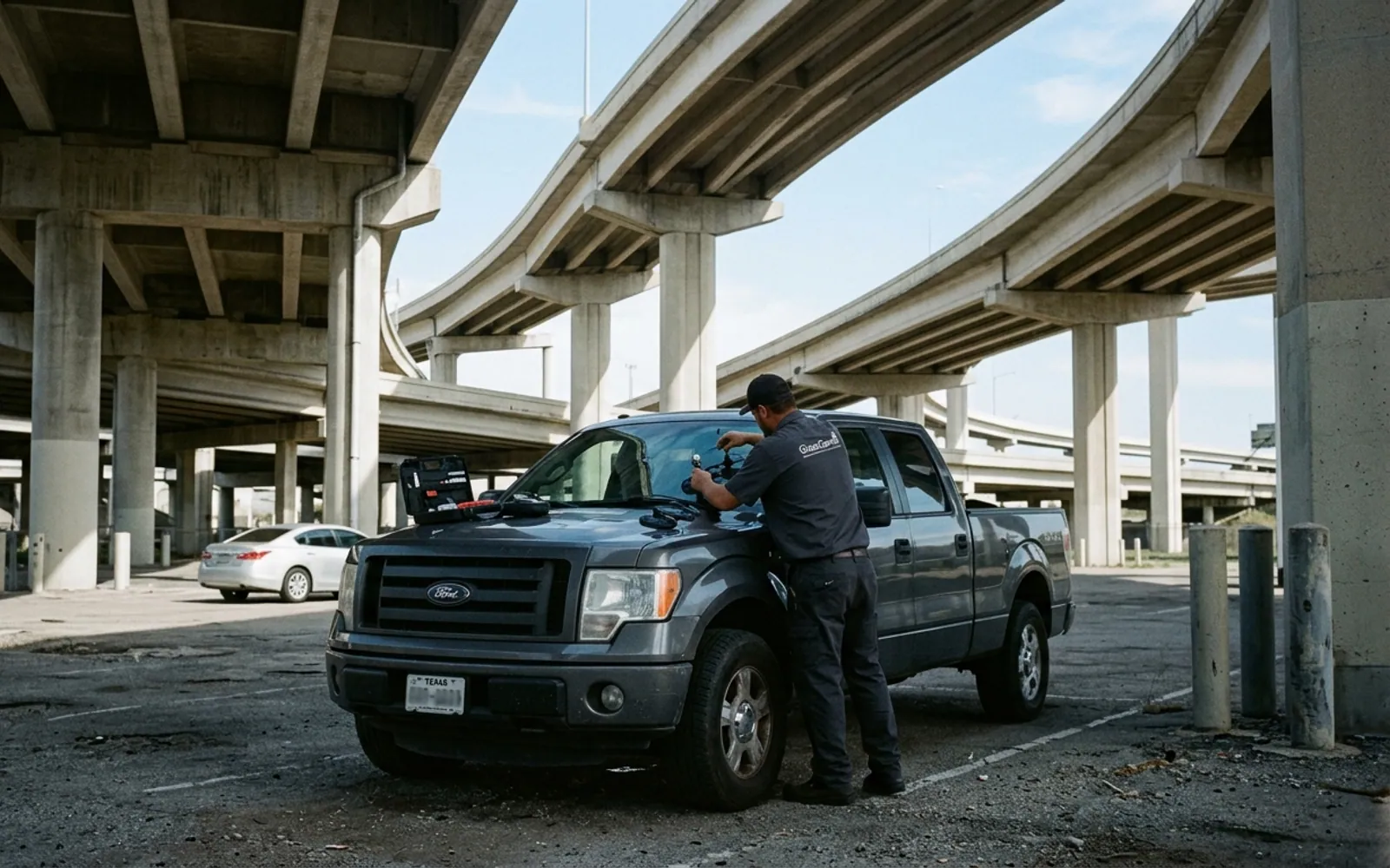 A Glass Genie technician replacing a windshield in Farmers Branch, Texas.
