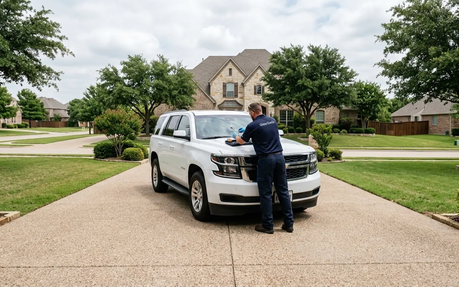 A Glass Genie technician replacing a windshield in Flower Mound, Texas.