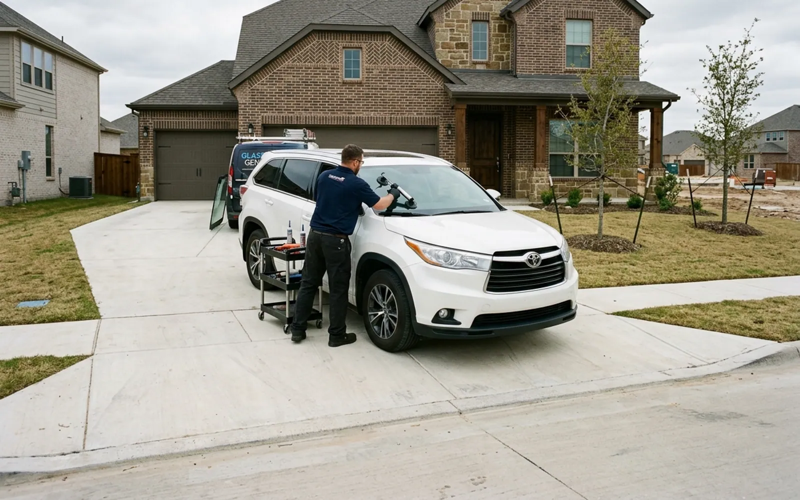 A Glass Genie technician replacing a windshield in Frisco, Texas.