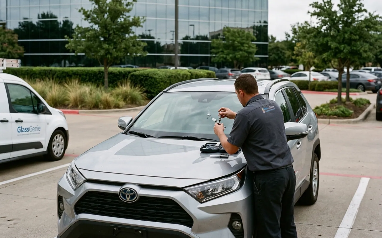 A Glass Genie technician replacing a windshield in Irving, Texas.
