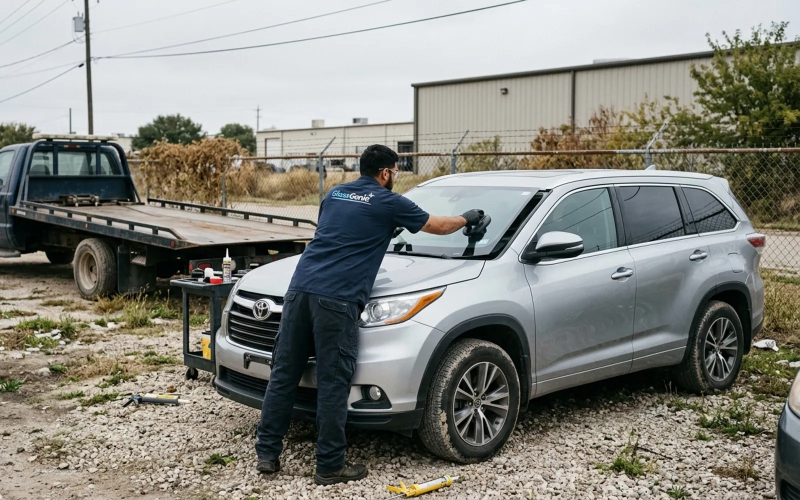 A Glass Genie technician replacing a windshield in Lewisville, Texas.