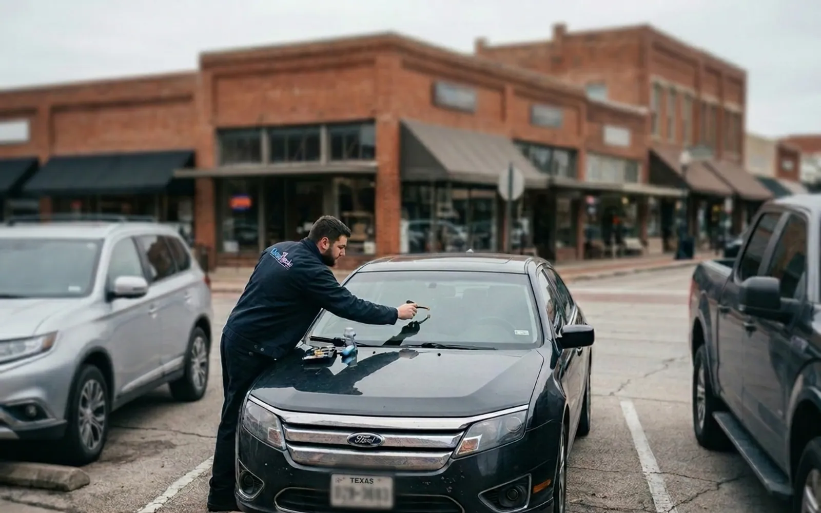 A Glass Genie technician replacing a windshield in McKinney, Texas.