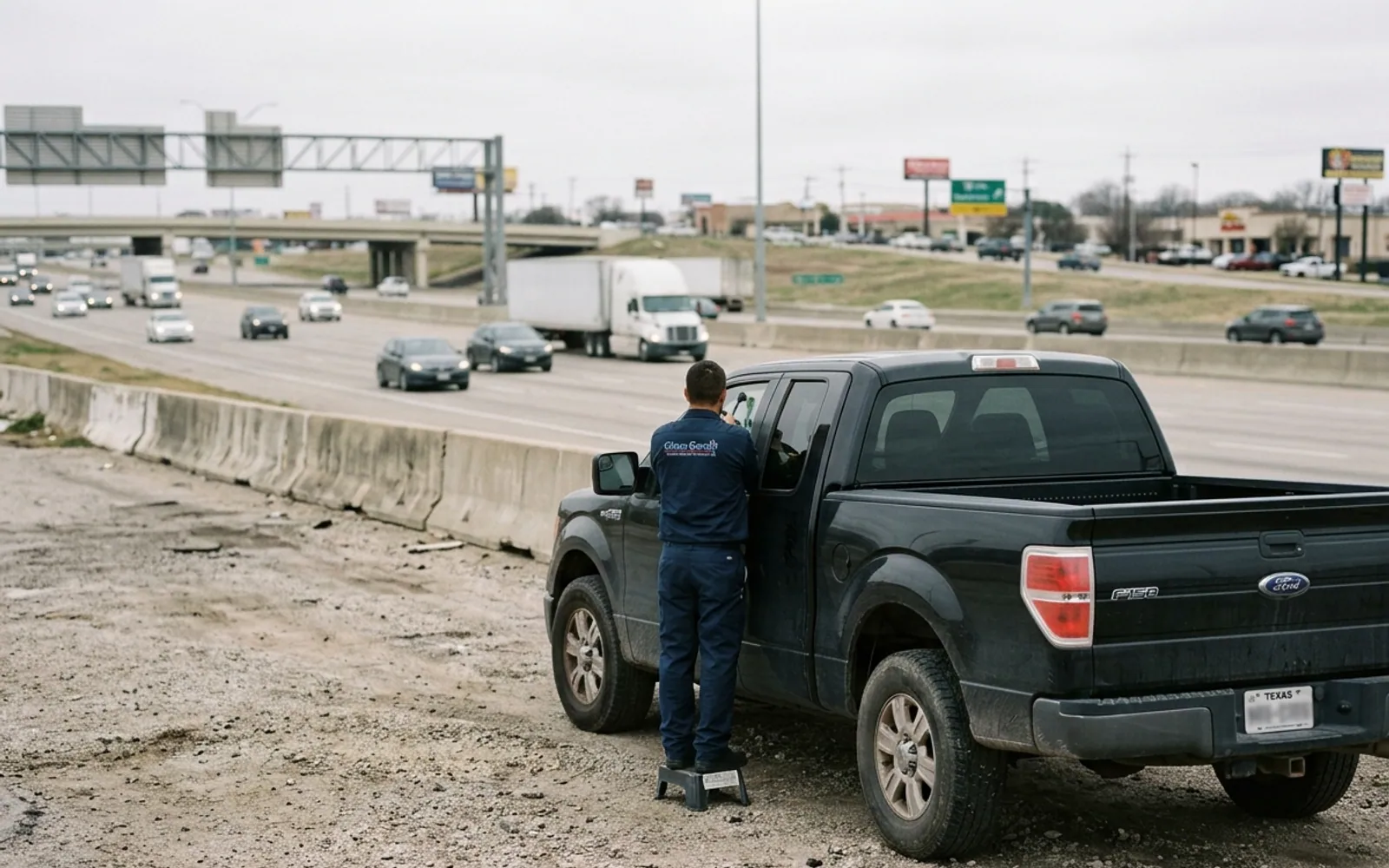 A Glass Genie technician replacing a windshield in Mesquite, Texas.