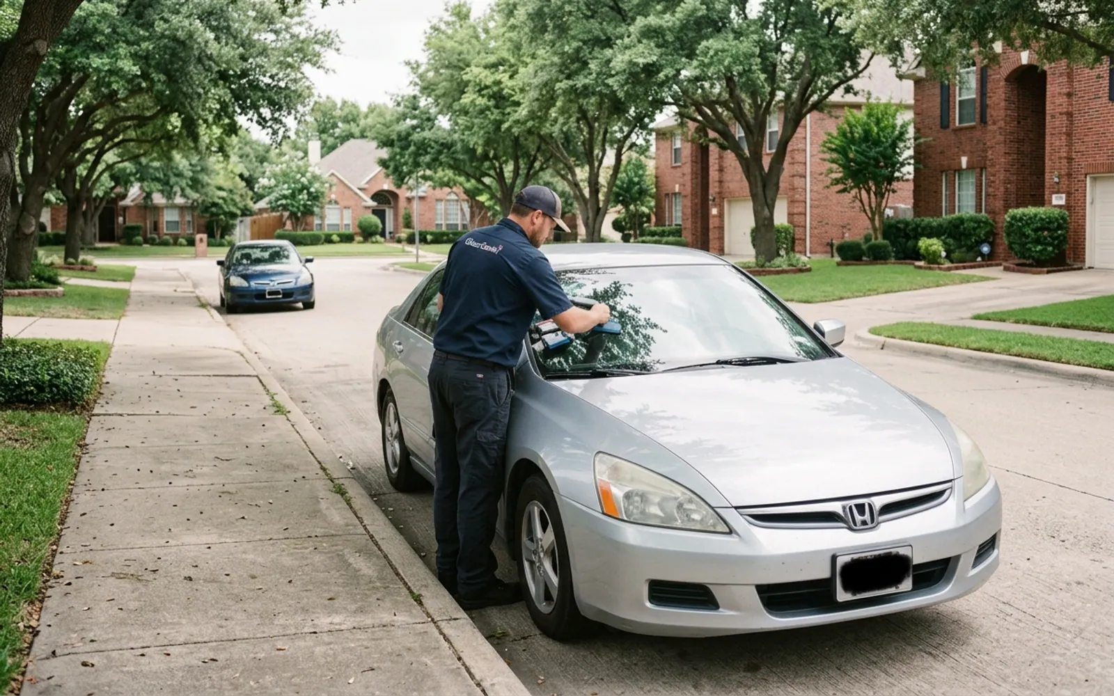 A Glass Genie technician replacing a windshield in Plano, Texas.