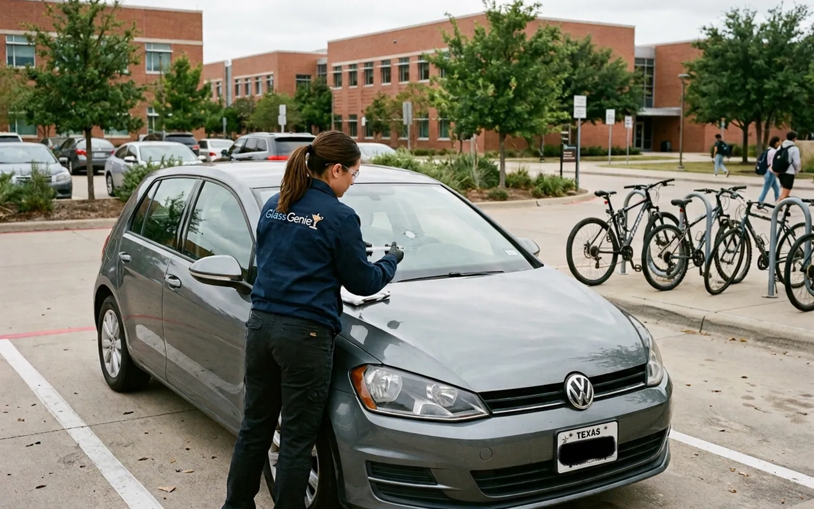 A Glass Genie technician replacing a windshield in Richardson, Texas.
