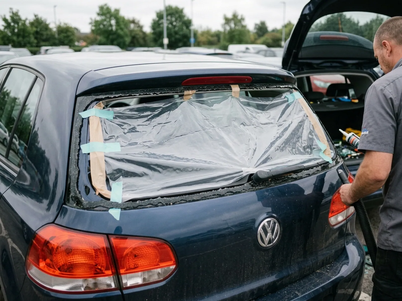 A Glass Genie technician carrying out back glass replacement on a vehicle.