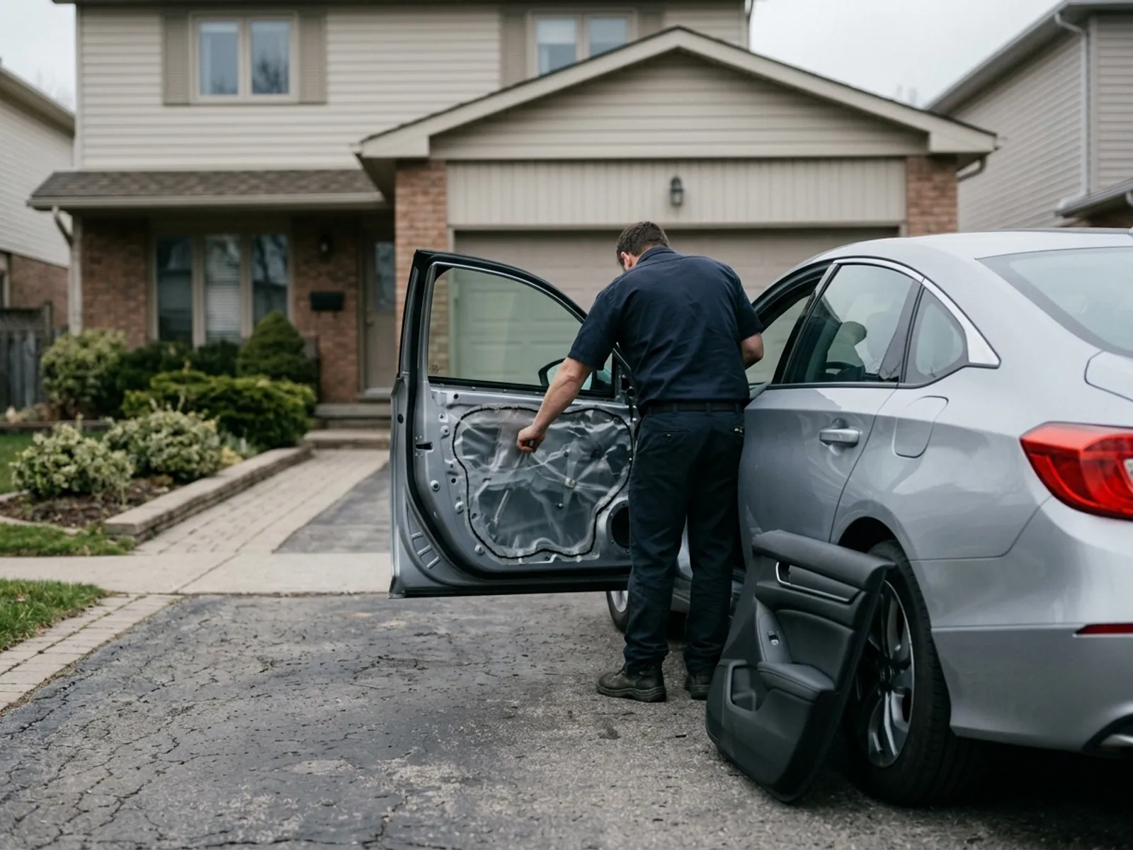 A Glass Genie technician carrying out door glass replacement on a vehicle.
