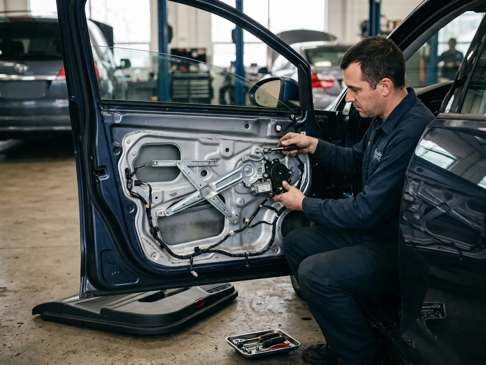 A Glass Genie technician carrying out window regulator repair on a vehicle.