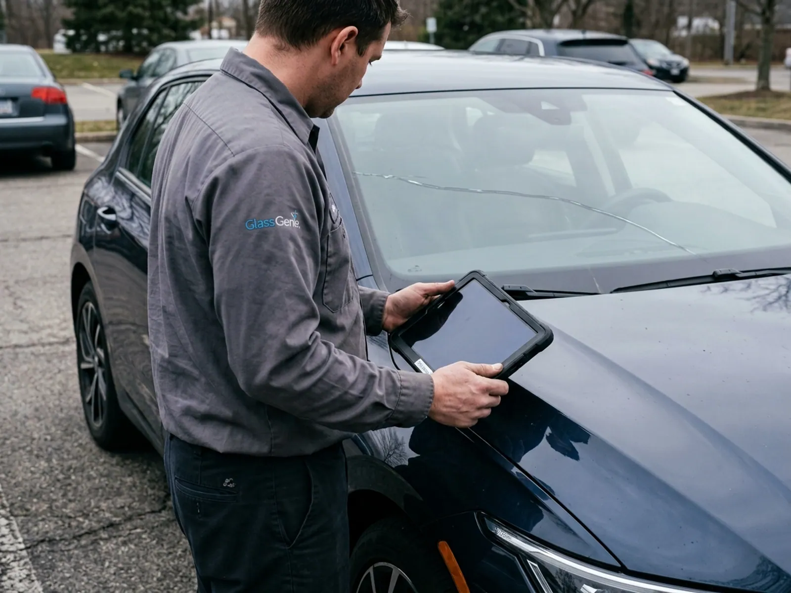 A Glass Genie technician carrying out insurance & claims on a vehicle.