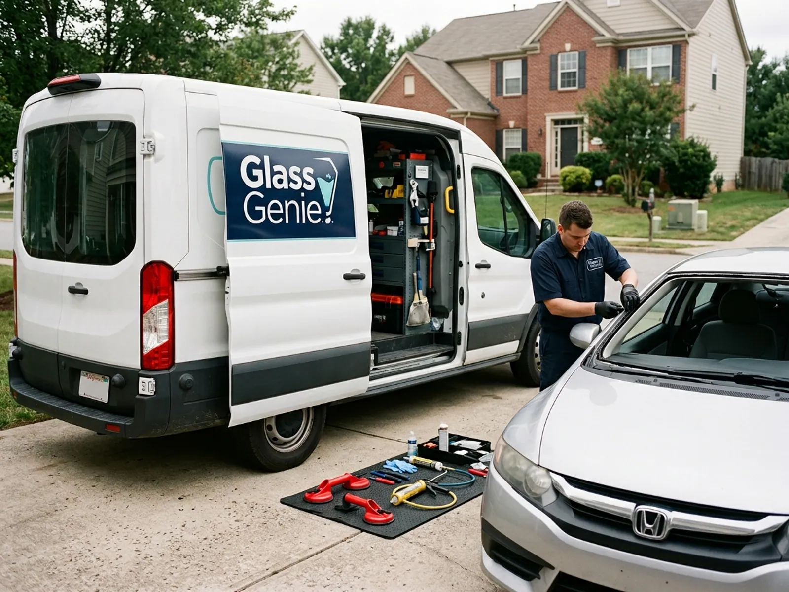 A Glass Genie technician carrying out mobile auto glass on a vehicle.