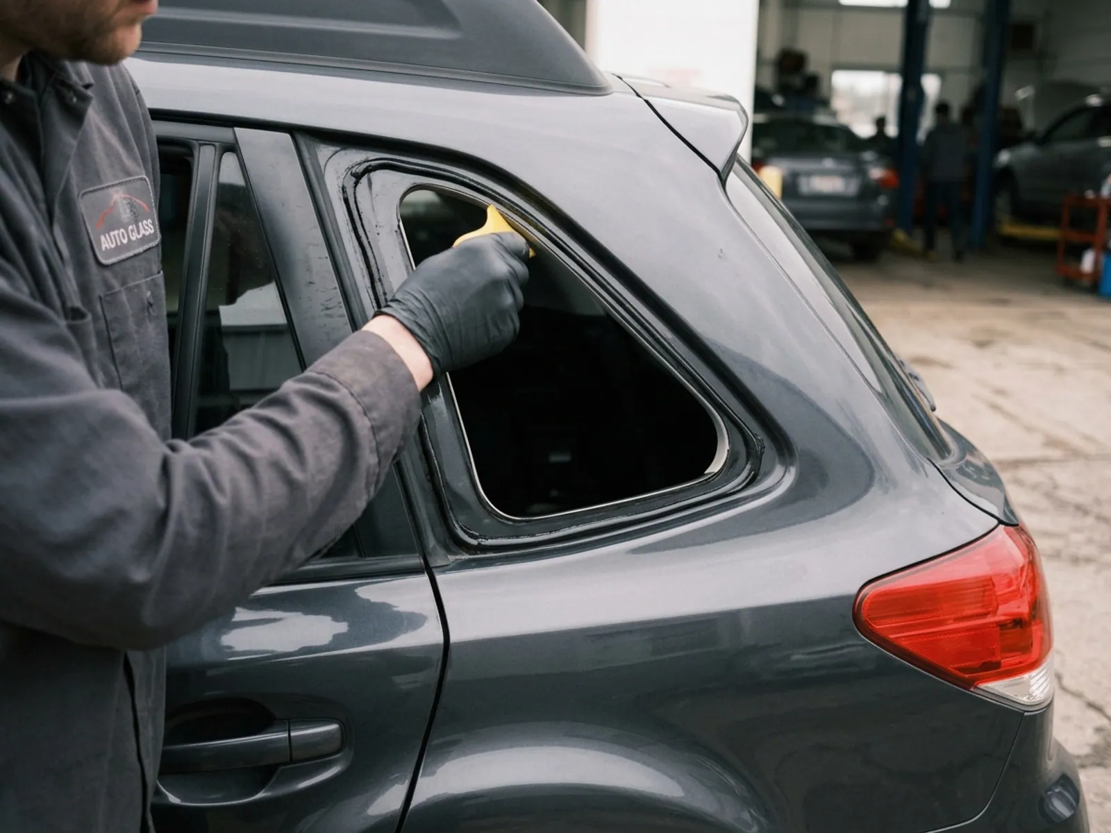 A Glass Genie technician carrying out quarter glass replacement on a vehicle.