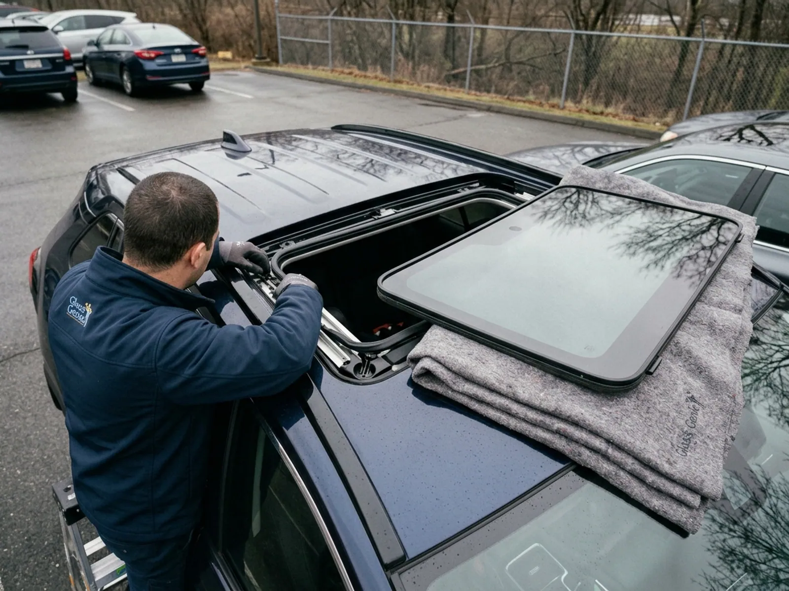 A Glass Genie technician carrying out sunroof glass replacement on a vehicle.