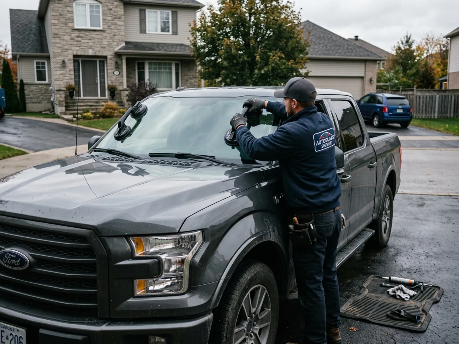 A Glass Genie technician carrying out windshield replacement on a vehicle.